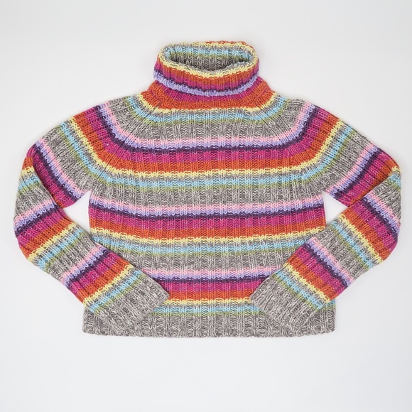 Vintage 90s Rocket 898 Rainbow Striped Knit Turtleneck Sweater - Picture 2 of 7